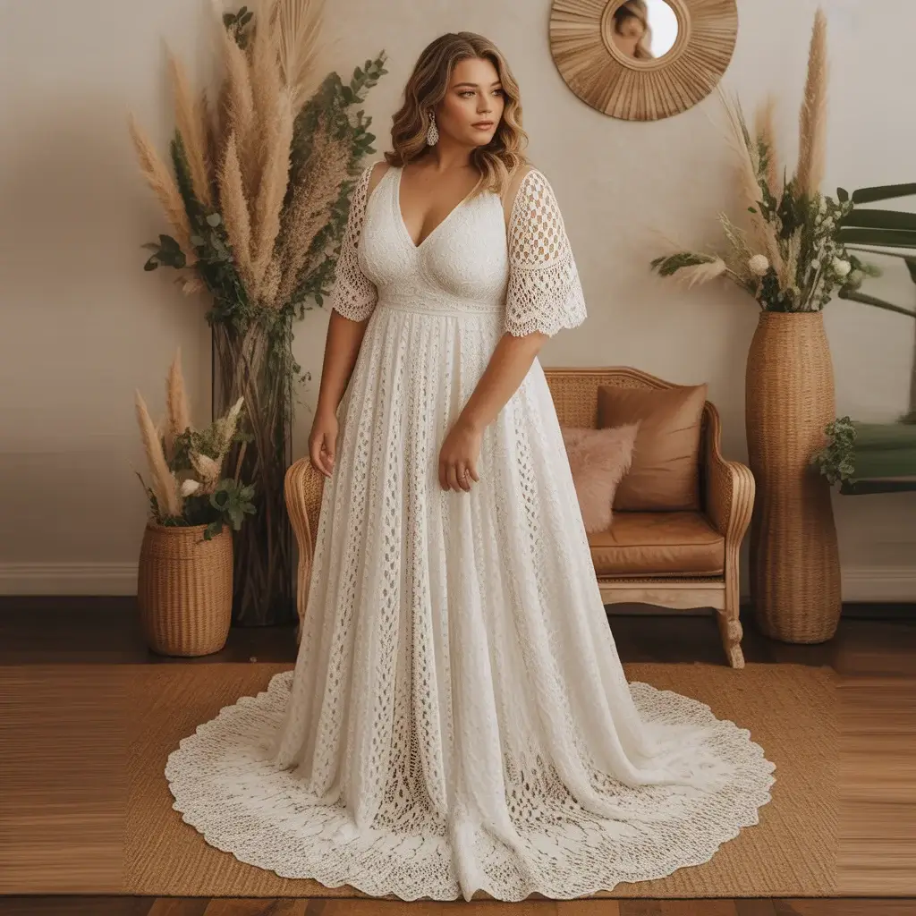 Crochet lace A-line plus size bohemian wedding gown with artisanal craftsmanship