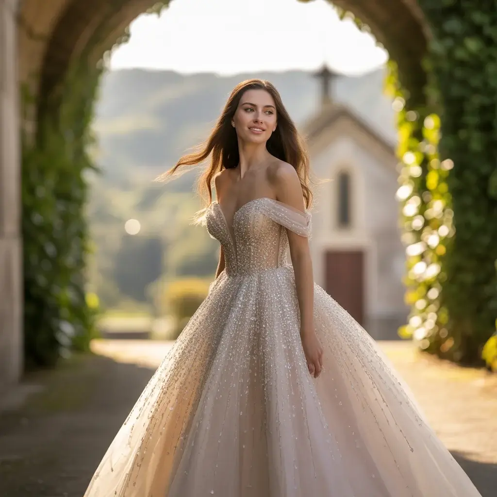 Crystal-Embellished Off-Shoulder Gown