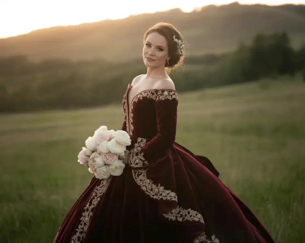 green emerald velvet dress Two Piece Wedding Dress Open Back,Black Burgundy Wedding Dresses,WD008