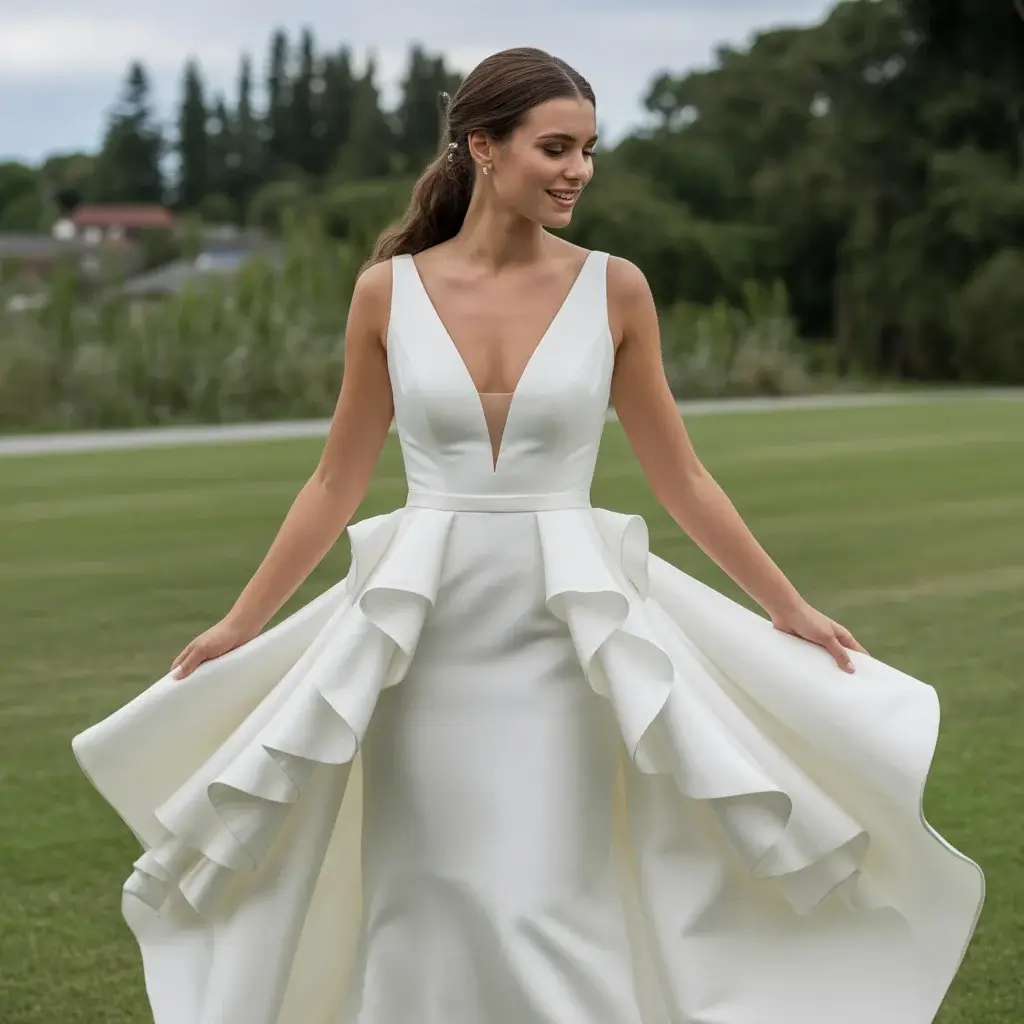 Deep V-Neck with Flowing Back Ruffles