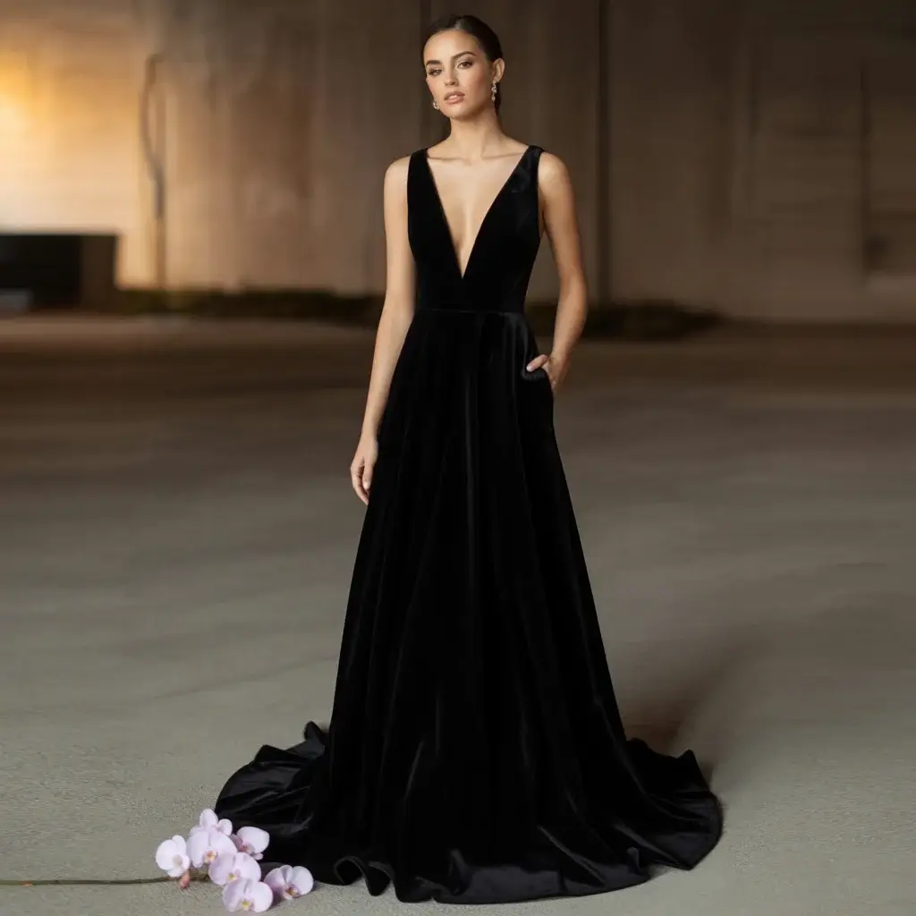 Deep V-neck black velvet gown with dramatic modern sophistication