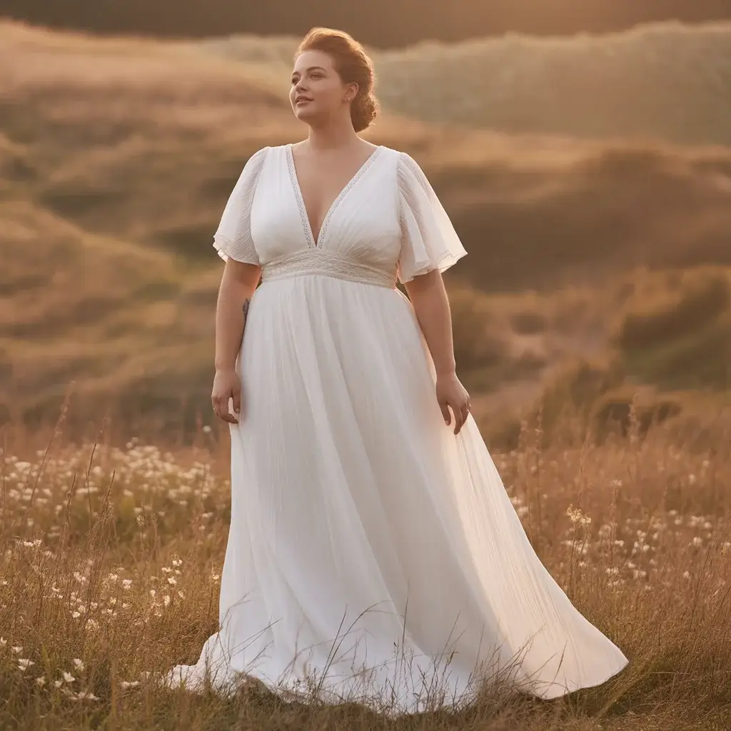 Deep V-neck flowing crepe plus size bohemian wedding dress with modern elegance