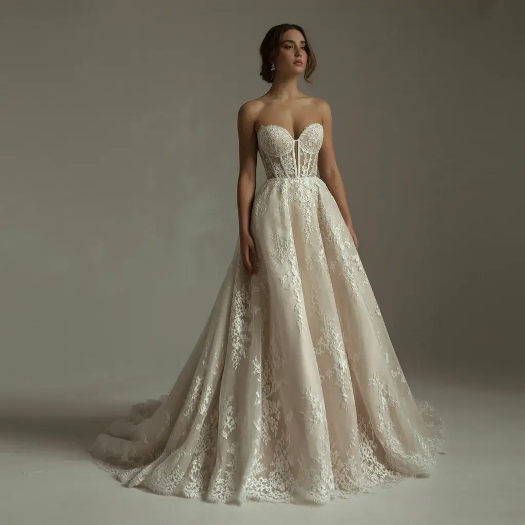 Deep sweetheart lace overlay wedding dress.