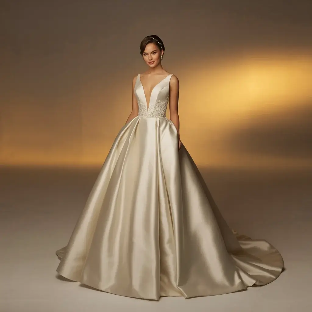Deep v neck satin ballgown wedding dress