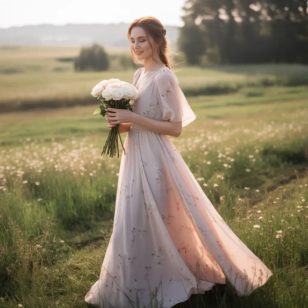 Delicate Cherry Blossom Chiffon Gown
