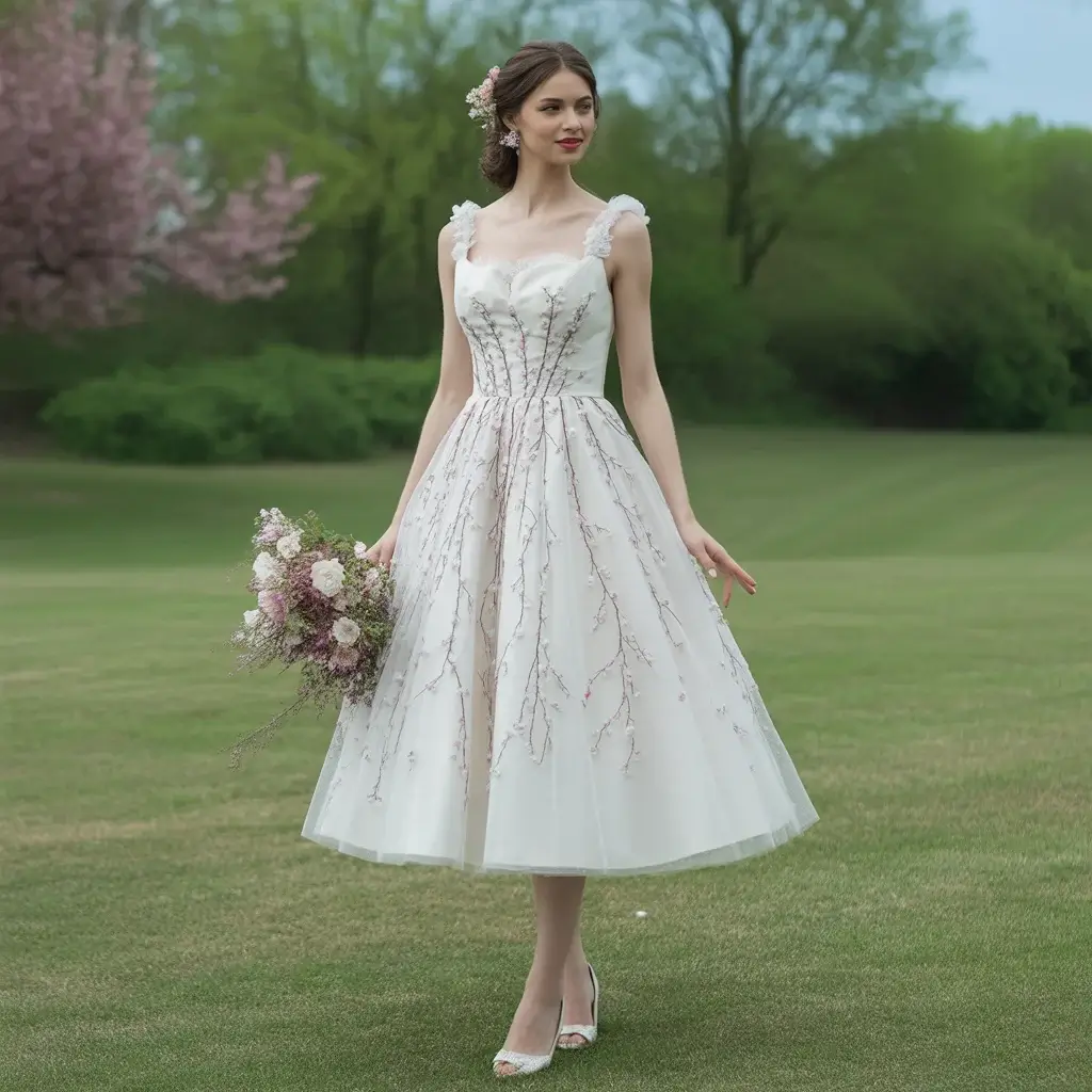 Delicate Cherry Blossom Embroidered Tea-Length Dress