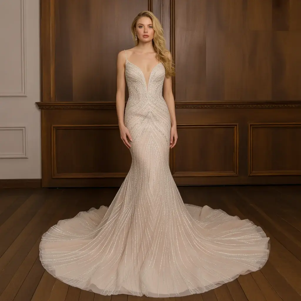 Top 15 Diamond Wedding Dresses That Are Sparkling on Pinterest 2 Diamond Beaded Mermaid Wedding Gown With Form Fitting Silhouette And Brilliant Crystal Embellishments