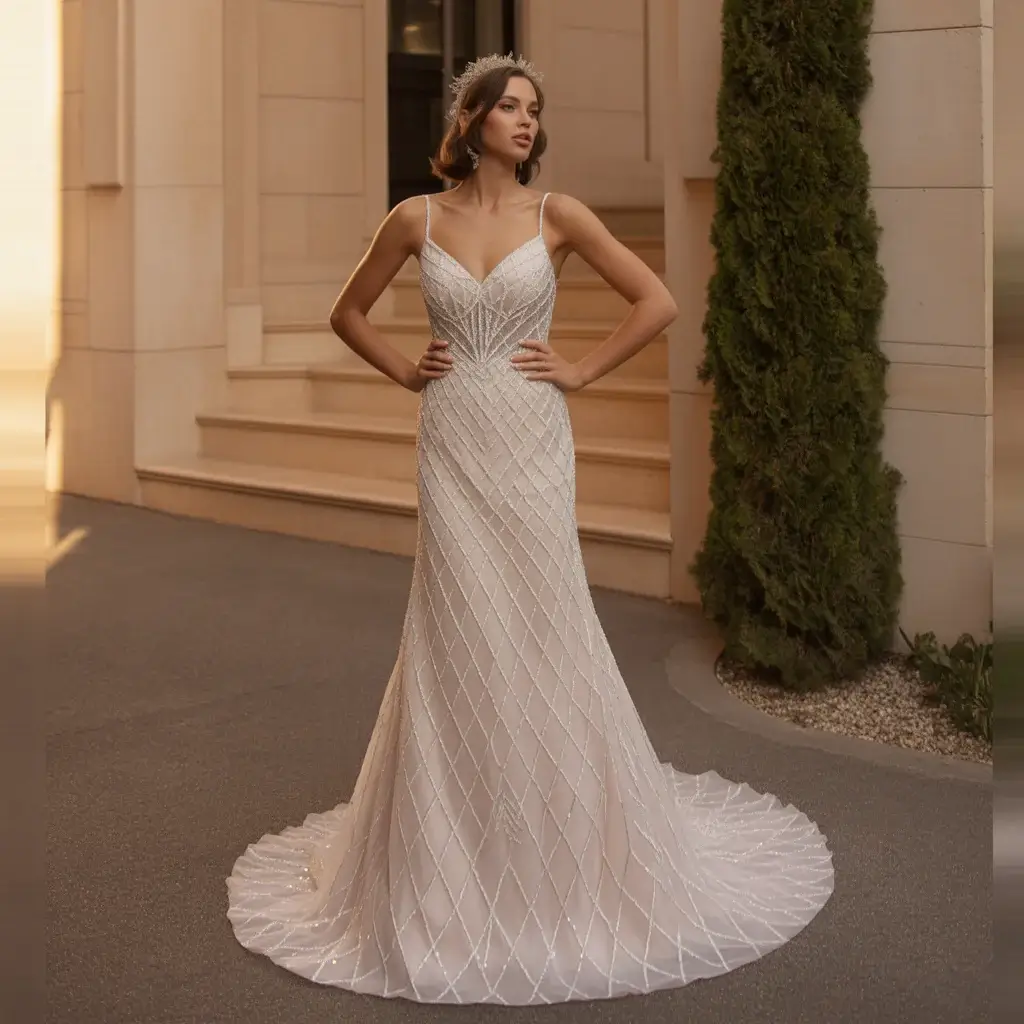 Top 15 Diamond Wedding Dresses That Are Sparkling on Pinterest 14 Diamond Pattern Beaded Fit And Flare Wedding Gown With Geometric Crystal Patterns And Universal Flattery
