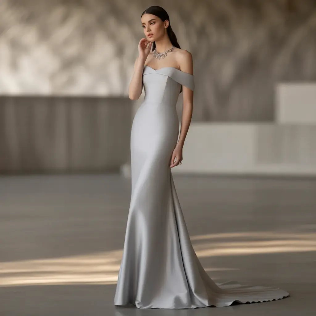 Top 15 Grey Bridal Dresses That Are Breaking Traditional Wedding Rules 4 Dove grey off-shoulder sheath dress with minimalist elegance