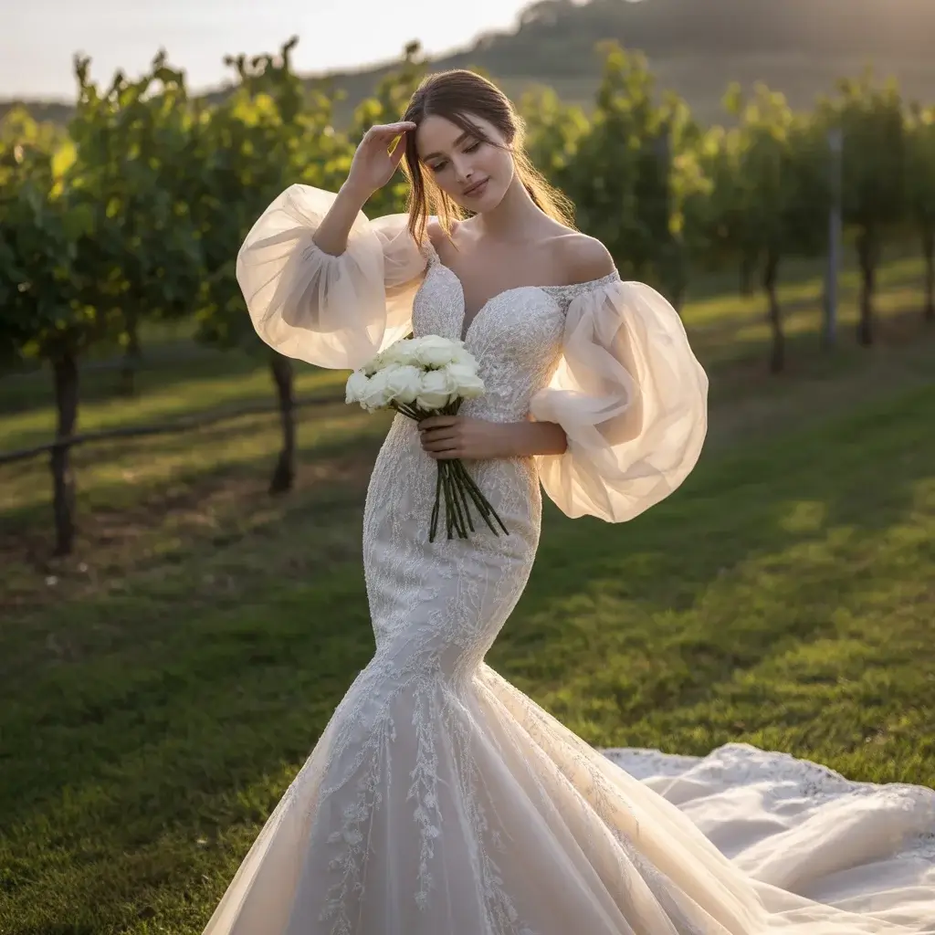 17 Wedding Dresses with Poofy Sleeves Brides Love 4 Dramatic Balloon Sleeve Mermaid Dress
