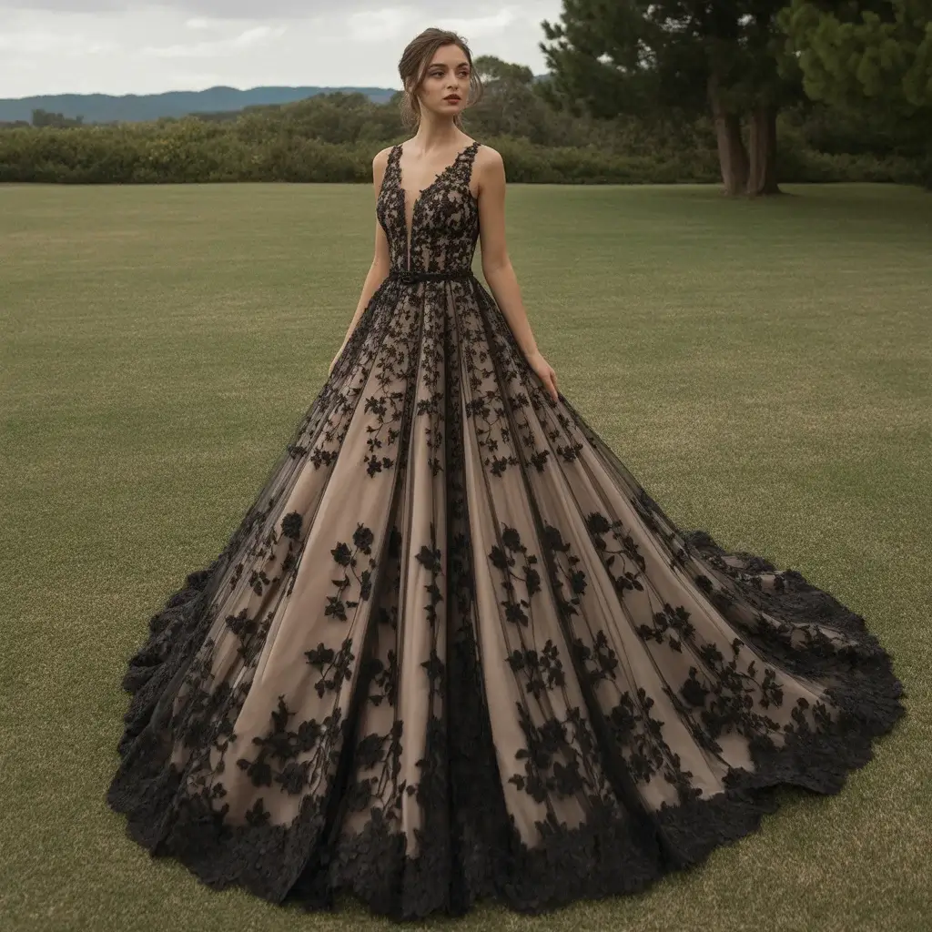 Dramatic Black Floral Embroidered Gown