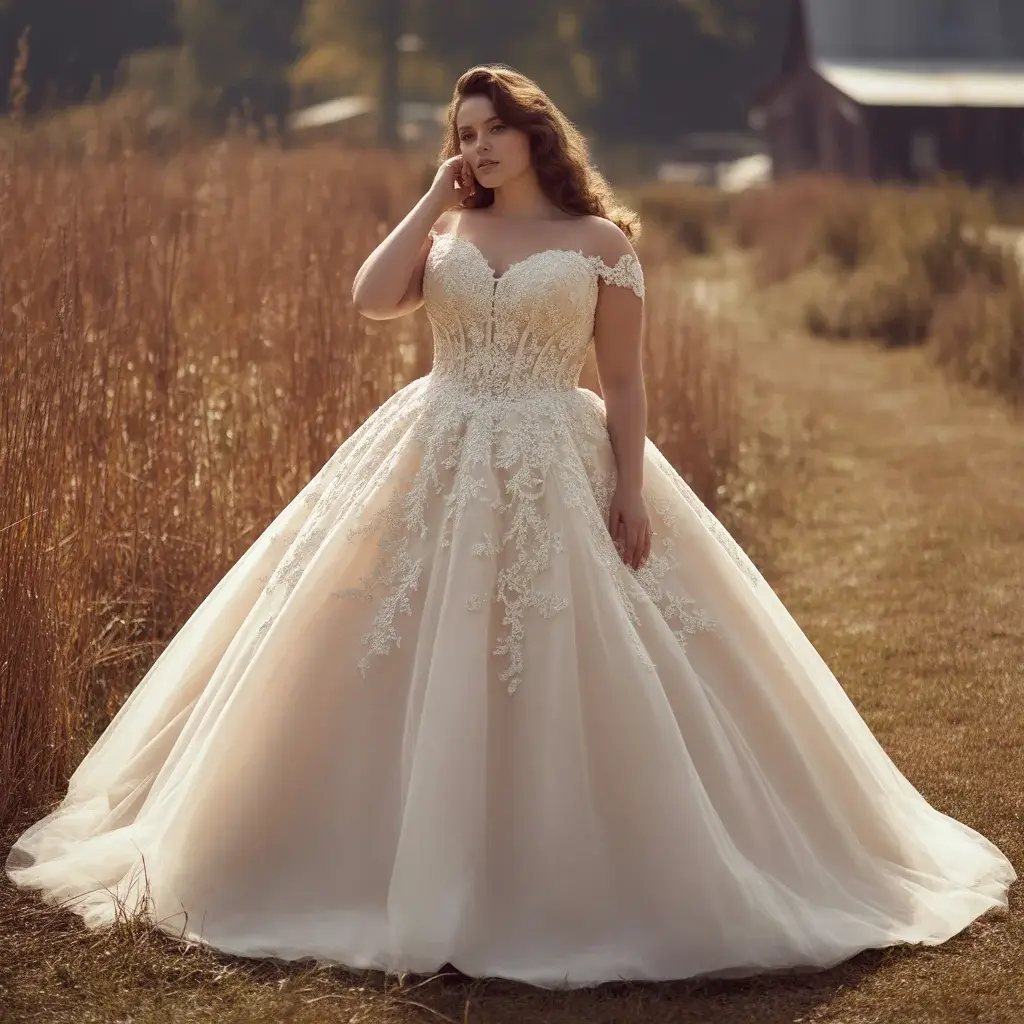 Dramatic ball gown plus size wedding dress with fitted bodice and full princess skirt