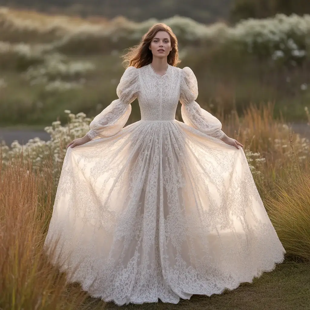 Dramatic bishop sleeve lace boho wedding dress with Victorian volume and romantic lace patterns