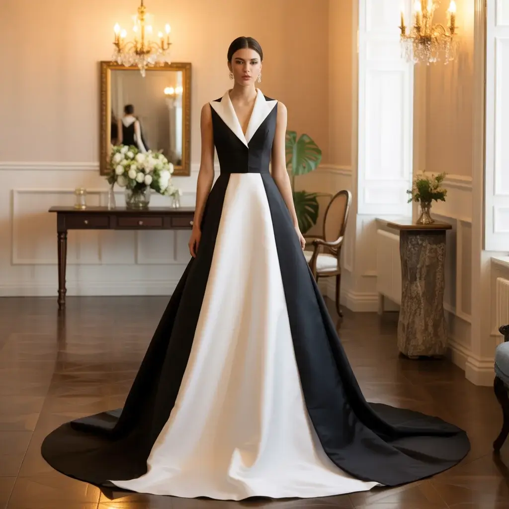 Dramatic black and white contrast tuxedo wedding gown with color blocking details