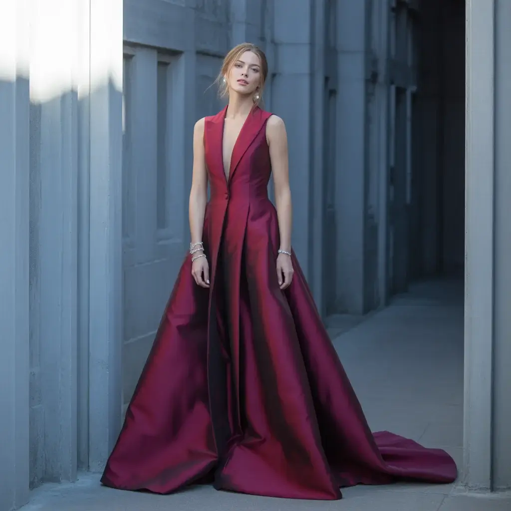 Dramatic burgundy tuxedo wedding gown with flowing train and rich color saturation