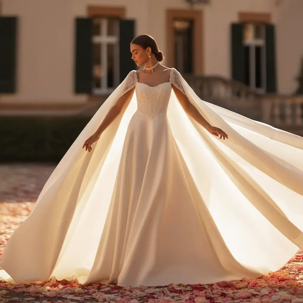 Top 17 Types of Wedding Dress Sleeves Trending on Pinterest Right Now 12 Dramatic cape sleeves wedding dress with flowing fabric and regal elegance