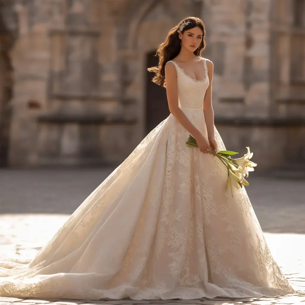 Top 15 Scoop Neck Wedding Dresses Brides Are Saving Right Now 9 Dramatic cathedral train scoop neck wedding dress