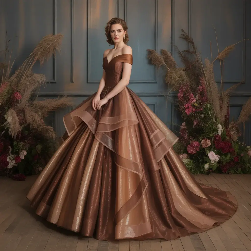 13 Brown Wedding Gowns Trending Right Now 8 Dramatic copper brown organza ball gown with metallic undertones and layers