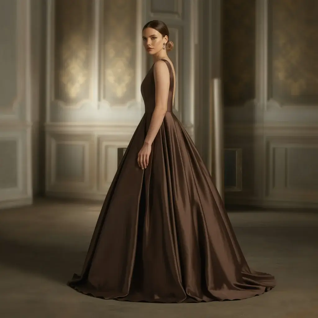 13 Brown Wedding Gowns Trending Right Now 5 Dramatic espresso brown satin ballgown with fitted bodice and full skirt