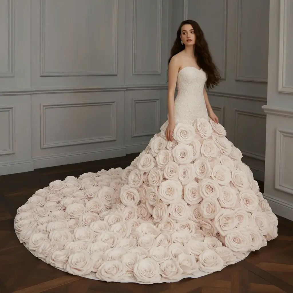 Dramatic mermaid gown cascading rose trail