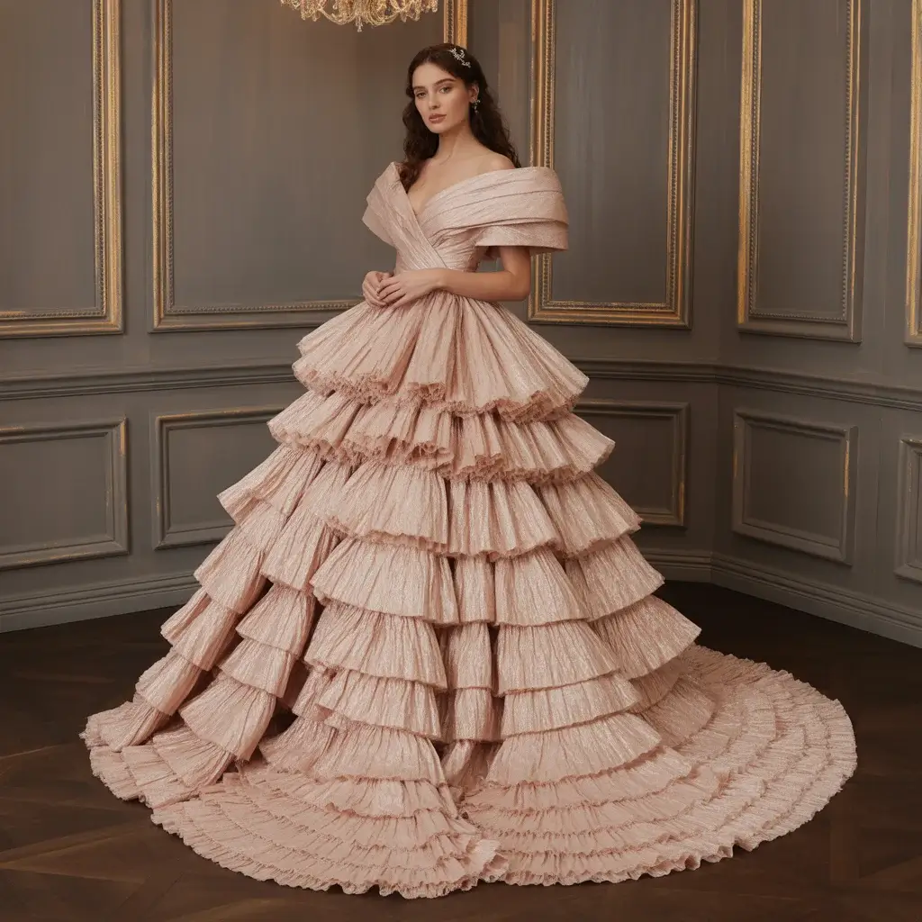 Top 15 Rose Gold Dresses That Are Trending on Pinterest 15 Dramatic tiered ruffle gown in rose gold with cascading layers and voluminous silhouette
