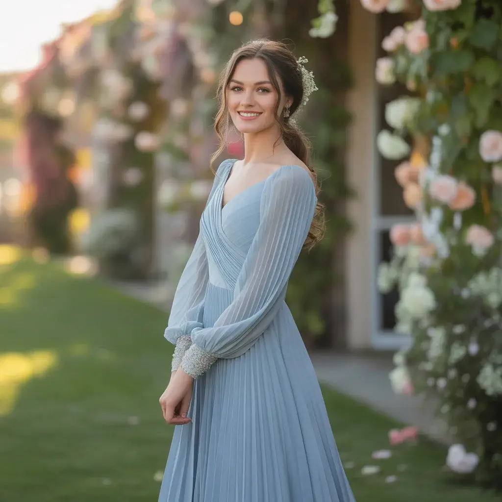 Dusty Blue Pleated Dress with Long Sleeves