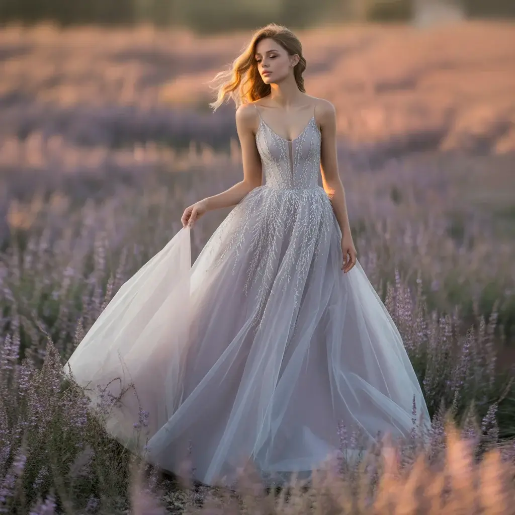 Dusty Silver Tulle Ball Gown