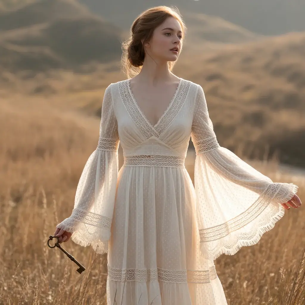 Elegant V-neck long sleeve lace boho dress with flattering proportions and romantic sleeve details