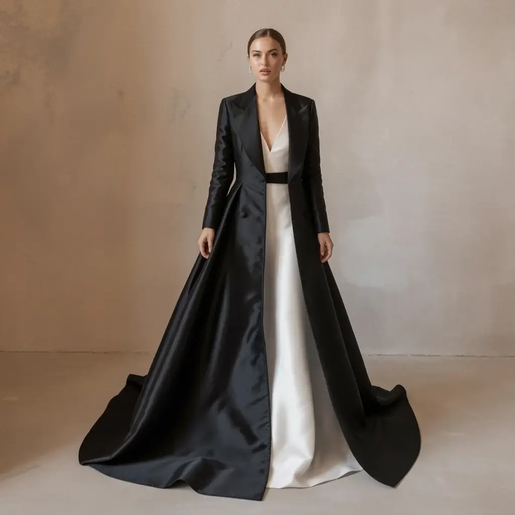 Elegant black satin tuxedo coat wedding dress with flowing silhouette and luxurious finish