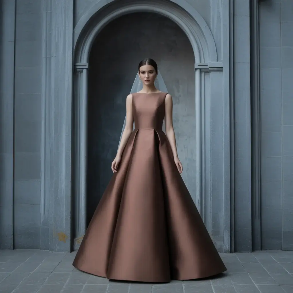 13 Brown Wedding Gowns Trending Right Now 14 Elegant chestnut brown mikado trumpet wedding gown with structured silhouette