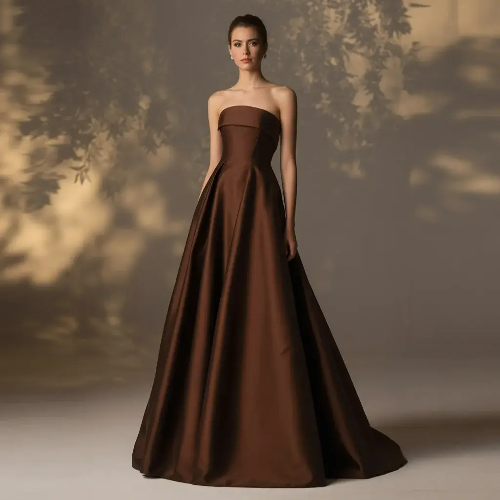 13 Brown Wedding Gowns Trending Right Now 2 Elegant chocolate brown silk A-line wedding gown with strapless bodice