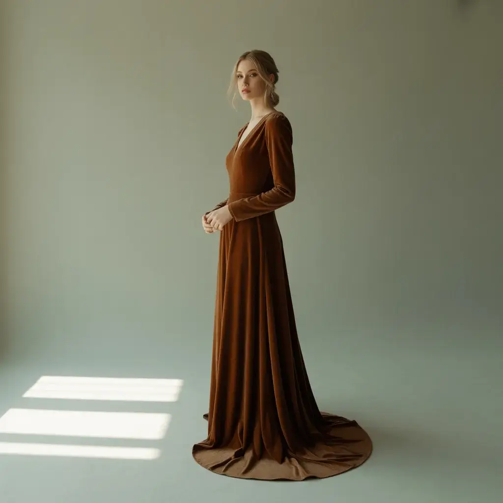 13 Brown Wedding Gowns Trending Right Now 9 Elegant cognac brown velvet sheath wedding dress with long sleeves