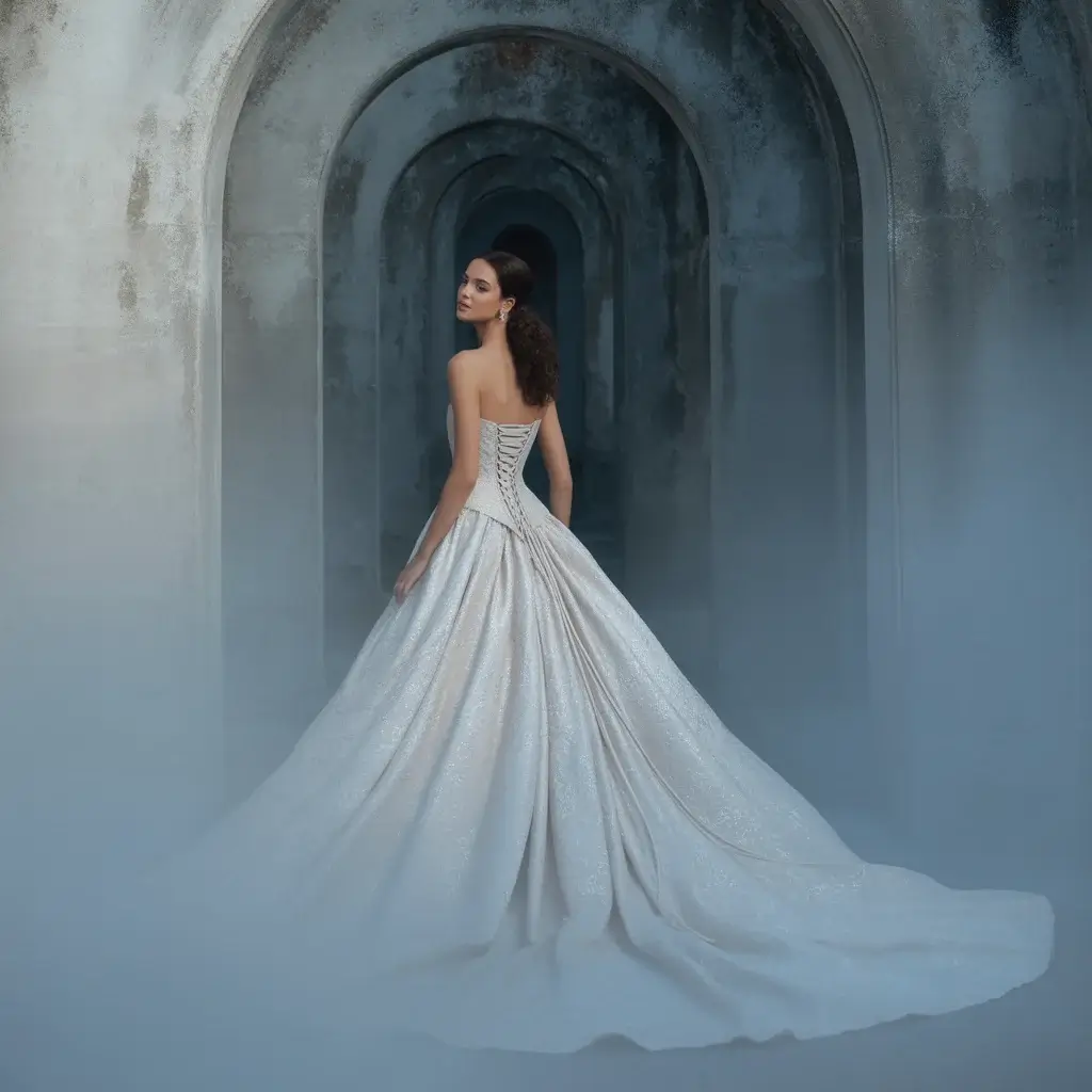 Elegant corseted ballgown with lace-up back details and flowing romantic skirt