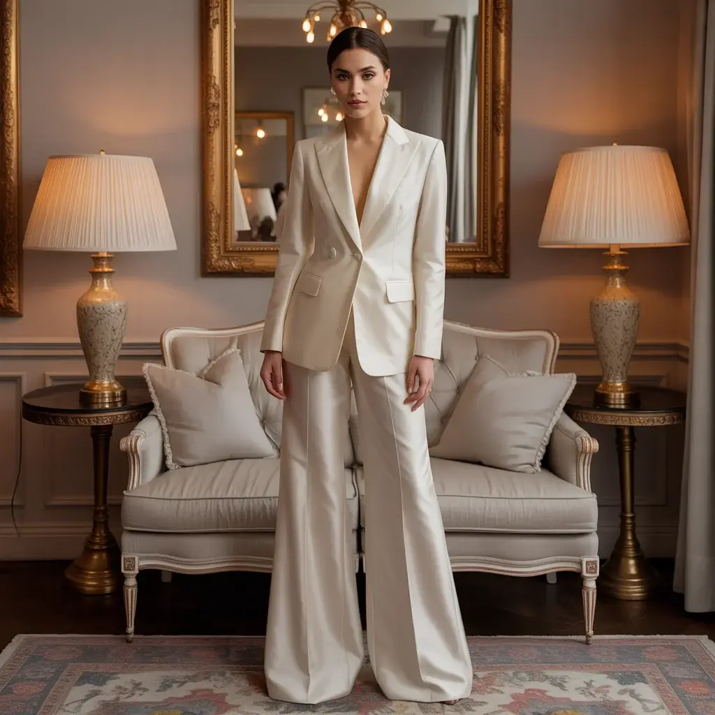 Elegant cream silk tuxedo wedding pantsuit with impeccable tailoring and luxurious fabric