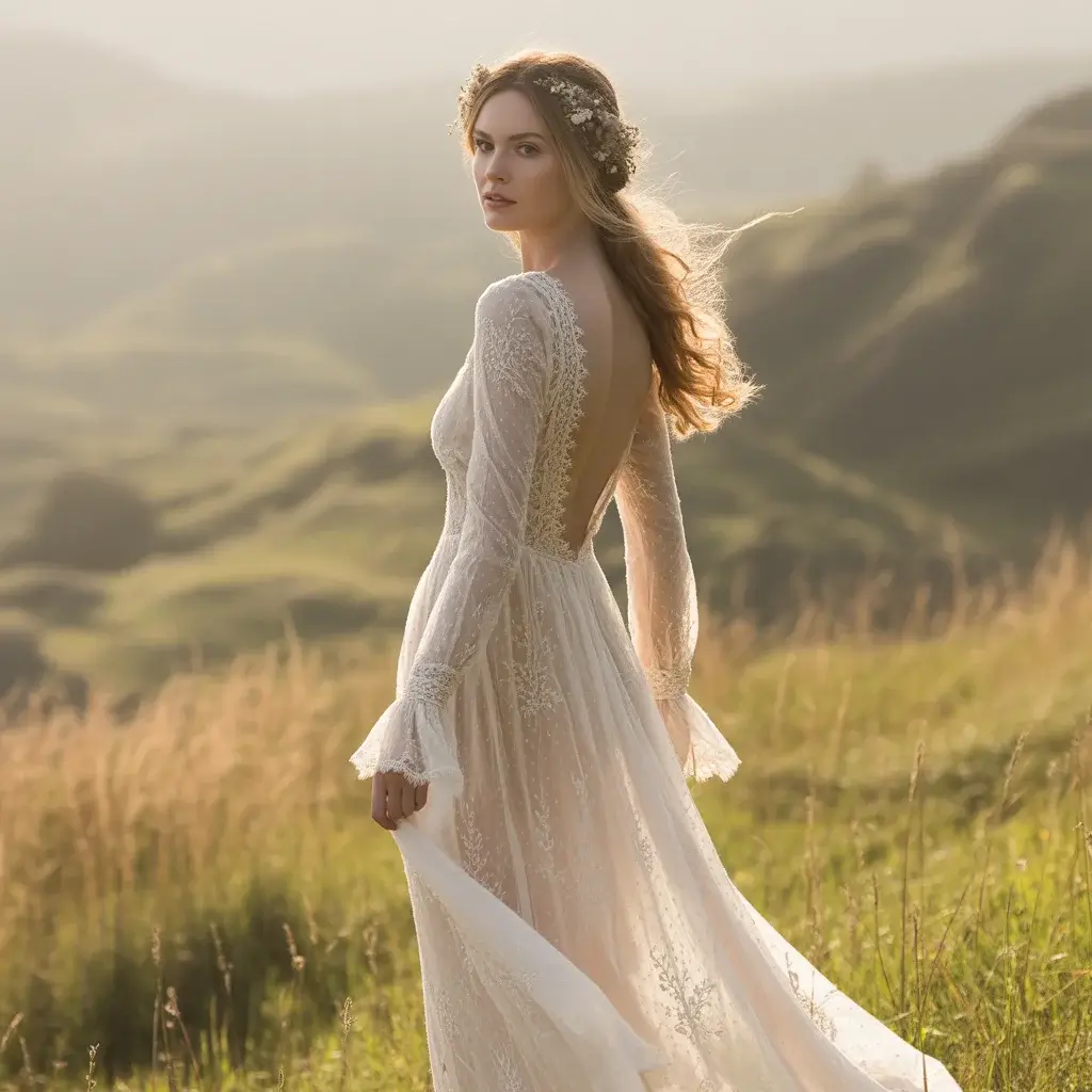 Elegant long sleeve lace boho dress with dramatic open back and intricate handcrafted details