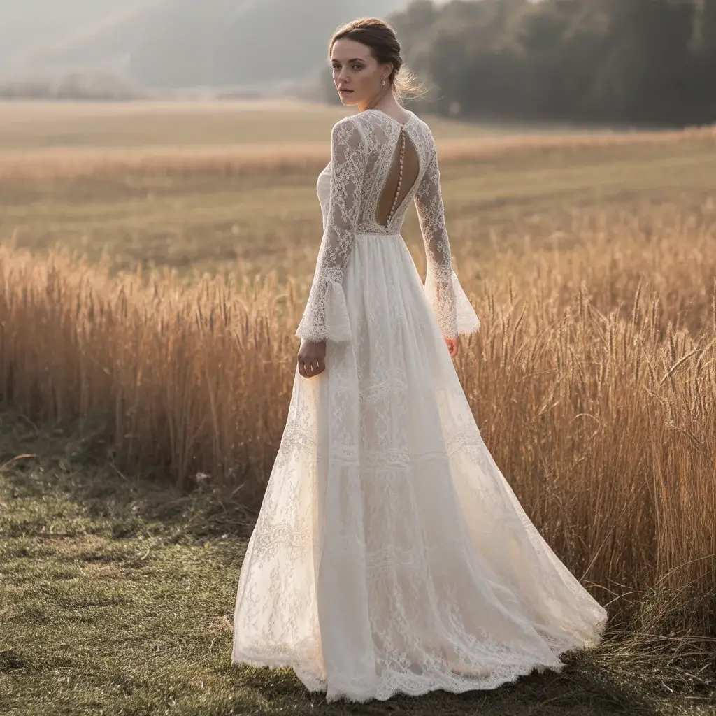 Elegant long sleeve lace boho dress with sophisticated keyhole back and modern construction details