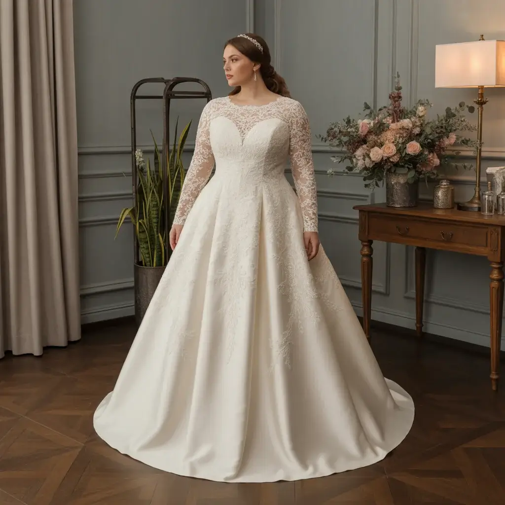 Elegant long sleeve plus size wedding dress with sophisticated coverage and detailed sleeves