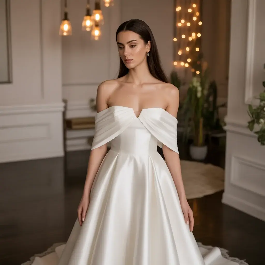 Top 17 Types of Wedding Dress Sleeves Trending on Pinterest Right Now 1 Elegant off-shoulder wedding dress sleeves draping gracefully across shoulders
