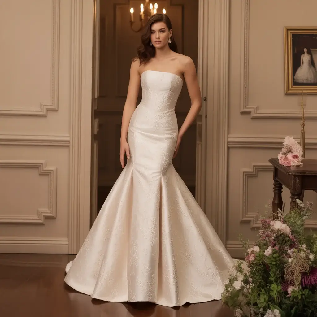 13 Jacquard Wedding Dresses Brides Are Saving 2 Elegant strapless mermaid jacquard wedding dress with floral motifs