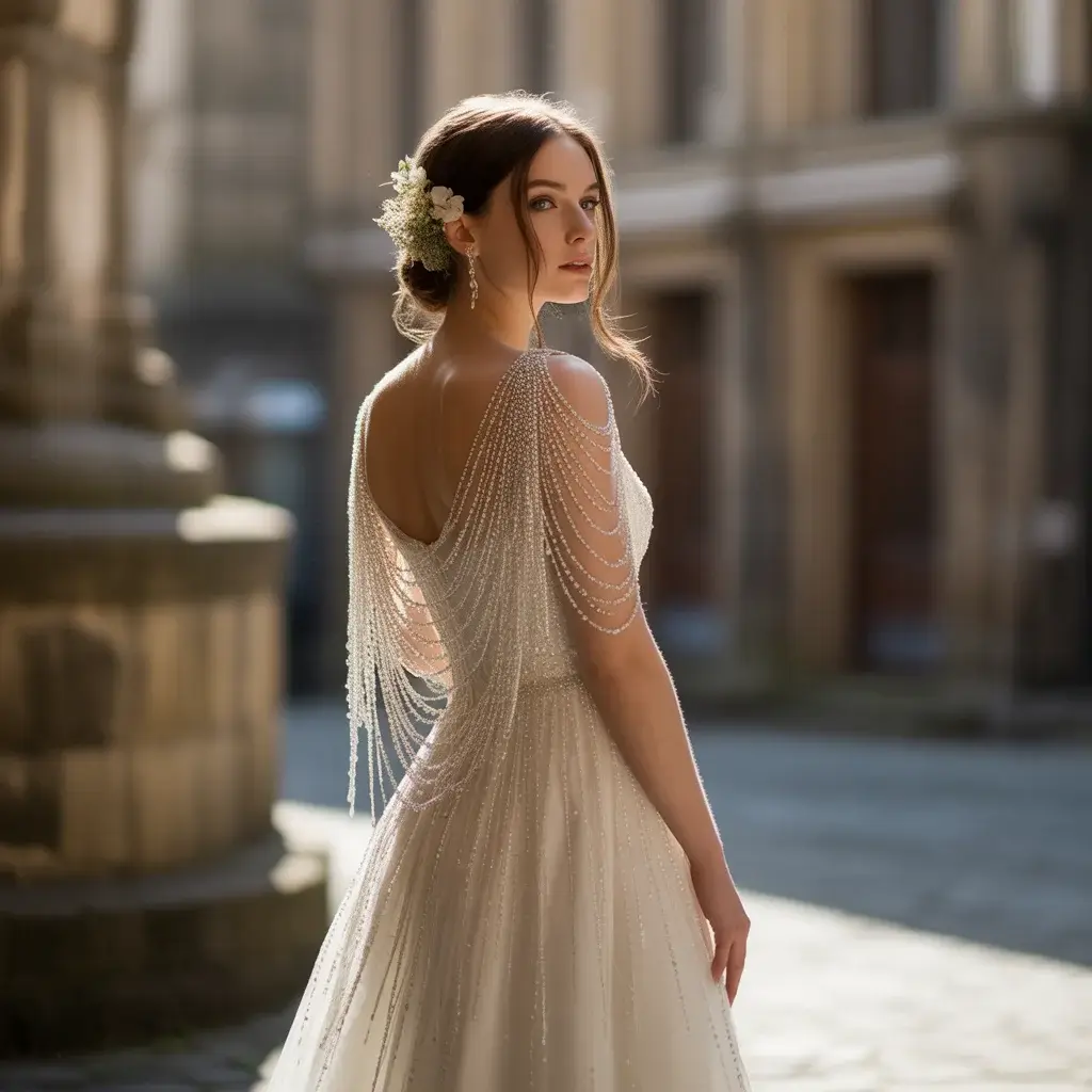 Elegant wedding dress with dramatic cascading crystal waterfall detail flowing down the back