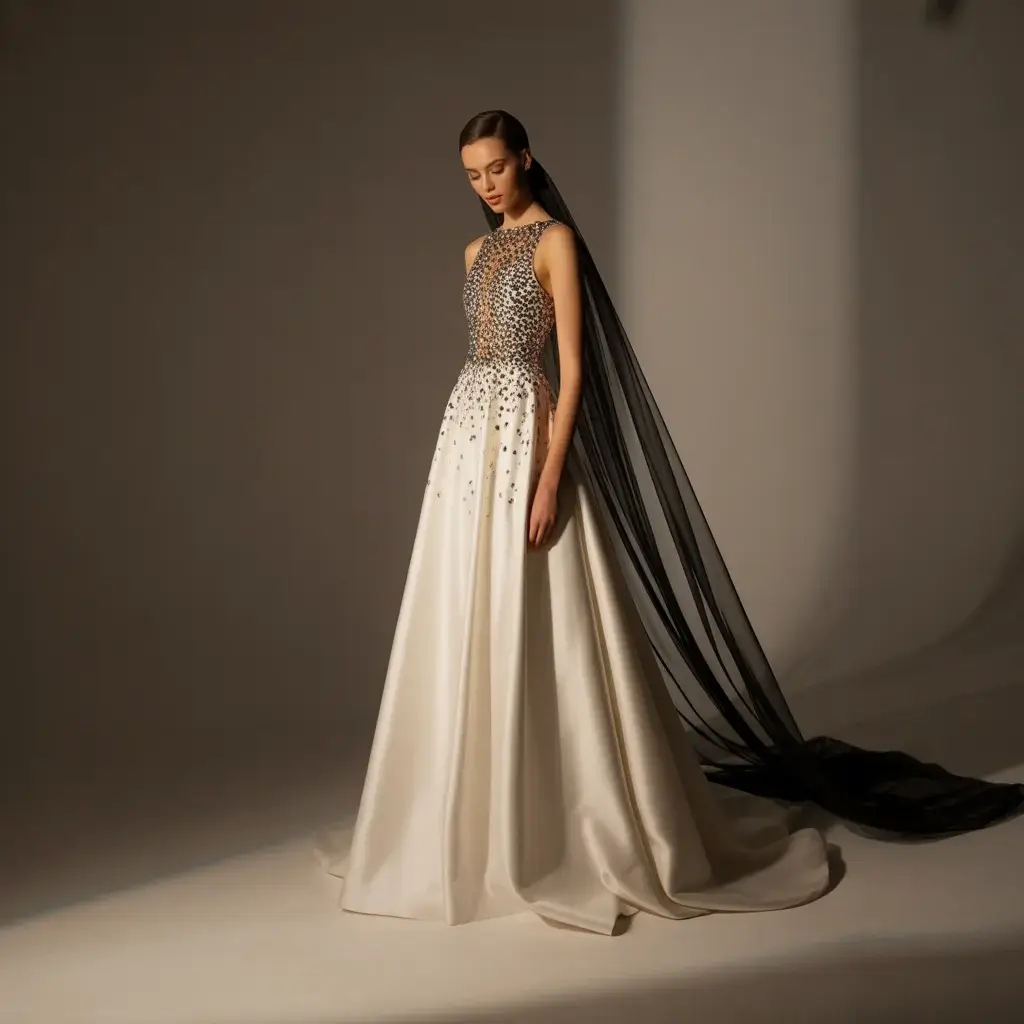 Elegant wedding dress with striking black crystal accents on ivory silk fabric