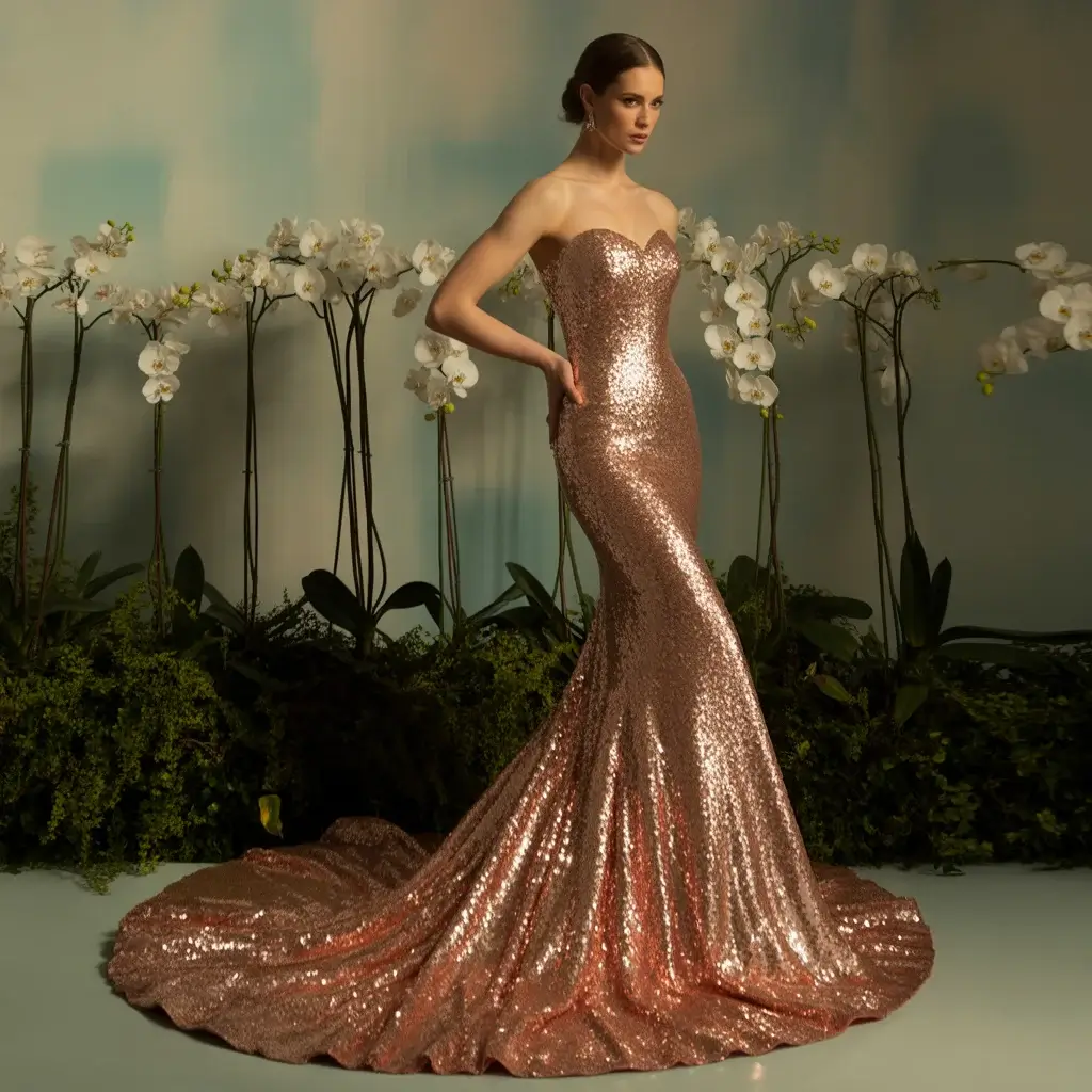 Top 15 Rose Gold Dresses That Are Trending on Pinterest 1 Elegant woman in floor-length rose gold sequined mermaid gown with dramatic train