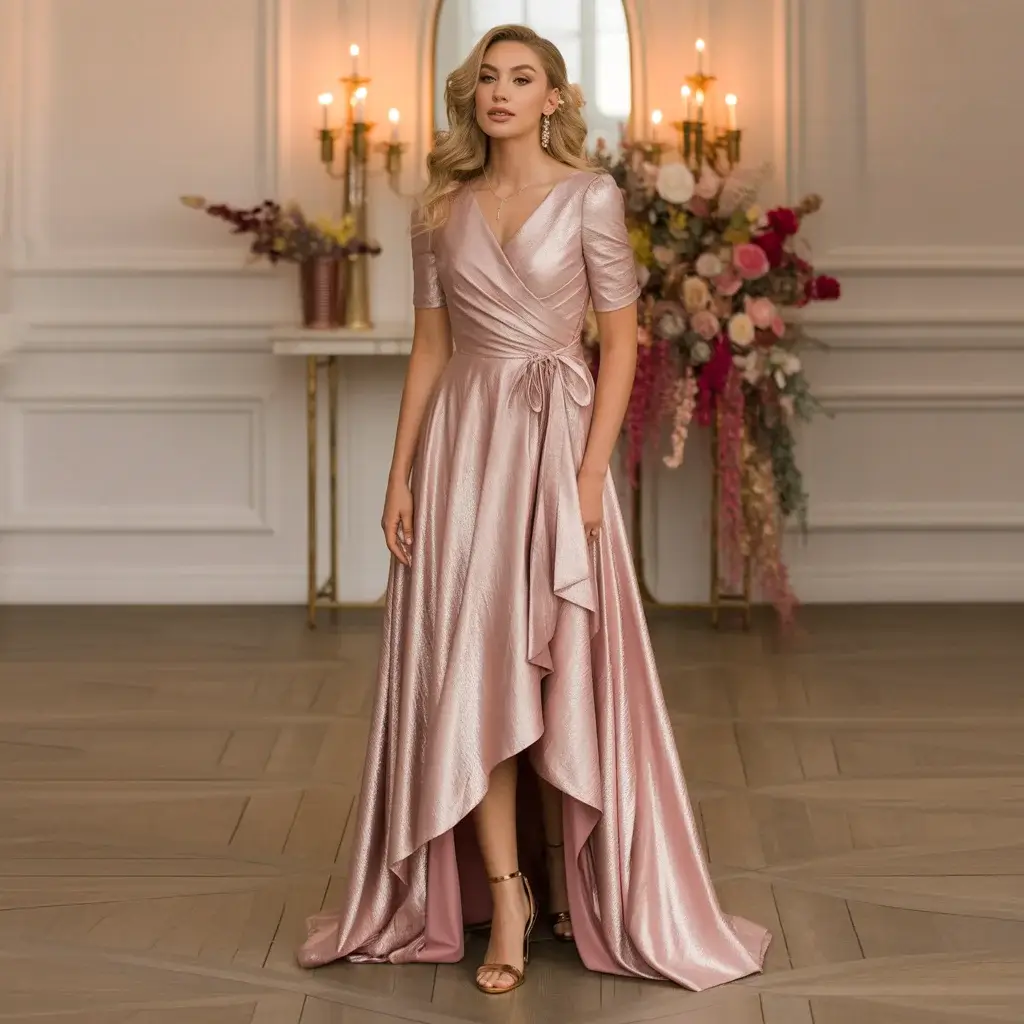 Top 15 Rose Gold Dresses That Are Trending on Pinterest 12 Elegant wrap-style cocktail dress in rose gold with flattering V-neckline and draped silhouette