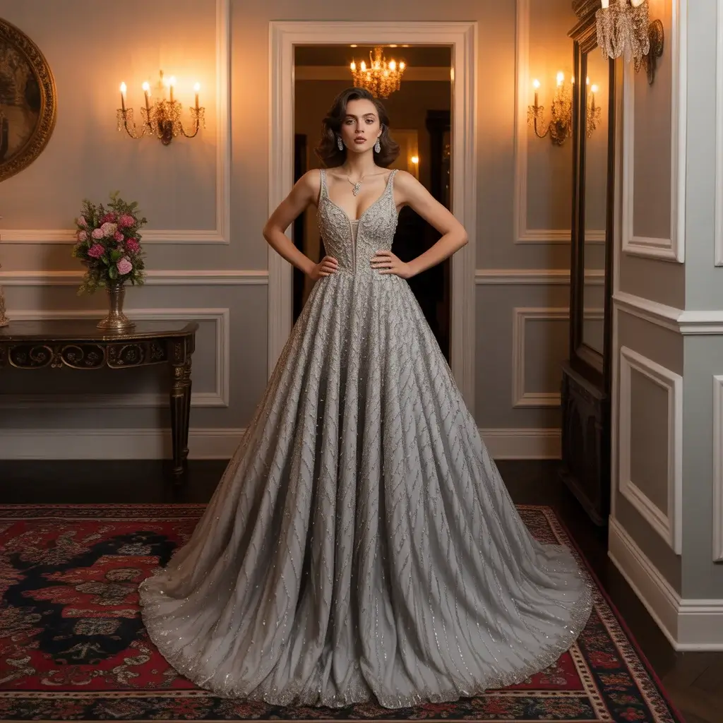 Embellished A-line silver gown with crystal details and classic silhouette