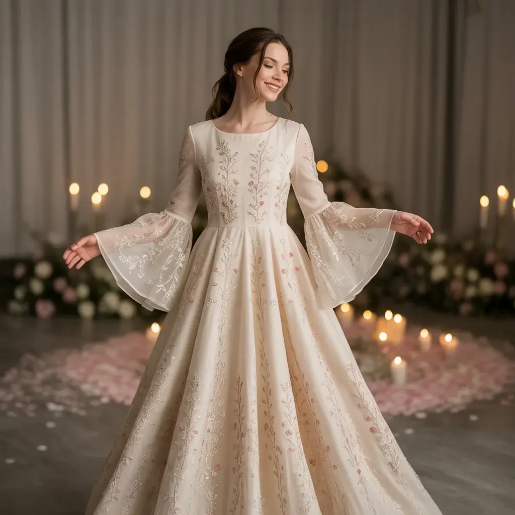 Embroidered Bell Sleeve A-Line