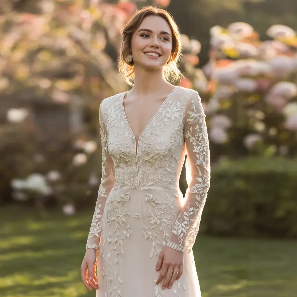15 Long Sleeve V Neck Wedding Dresses Brides Are Pinning 10 Embroidered Long Sleeve V Neck Column Dress