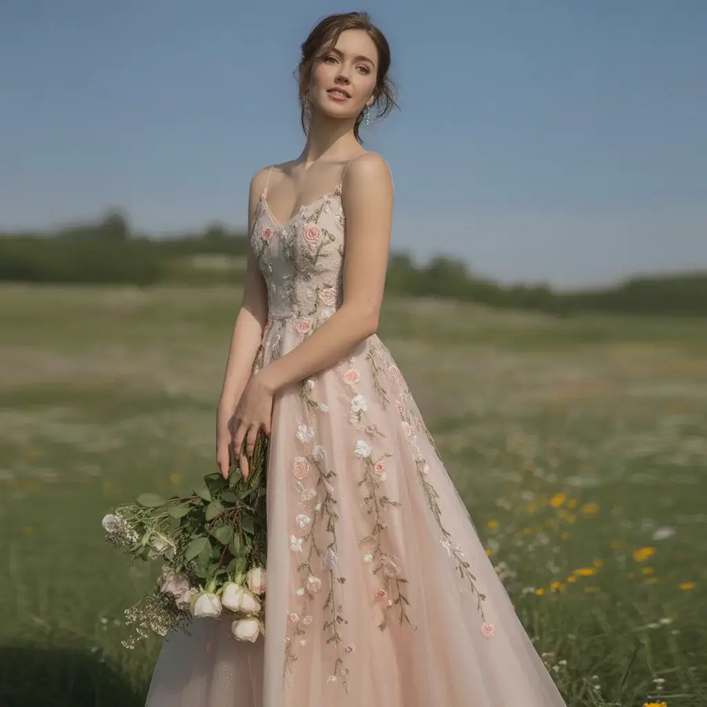 Embroidered Rose Garden A-Line Gown
