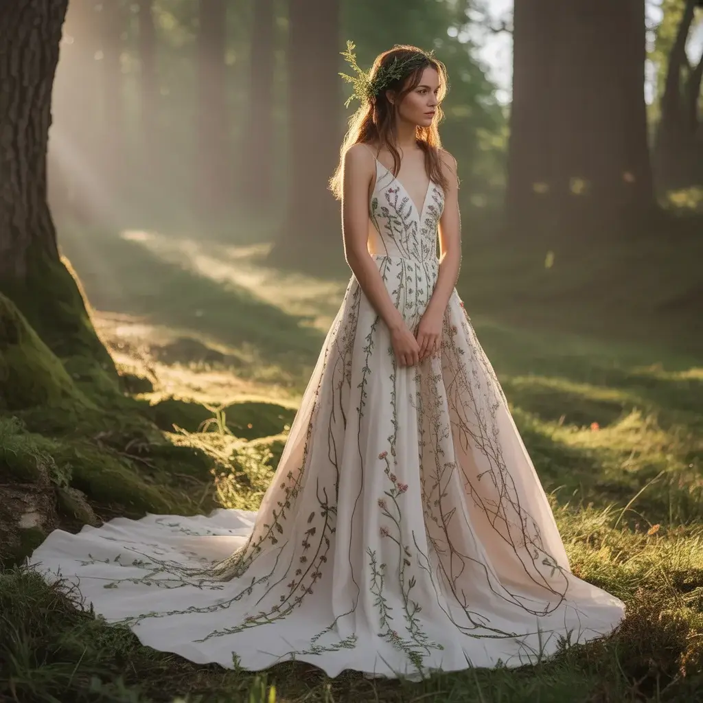 Embroidered Wildflower Forest Wedding Gown With Hand Stitched Botanical Details And Natural Motifs