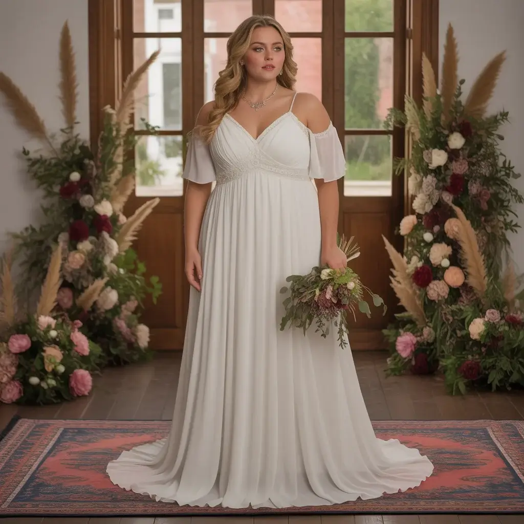 Empire waist flowing chiffon plus size bohemian wedding dress with effortless elegance