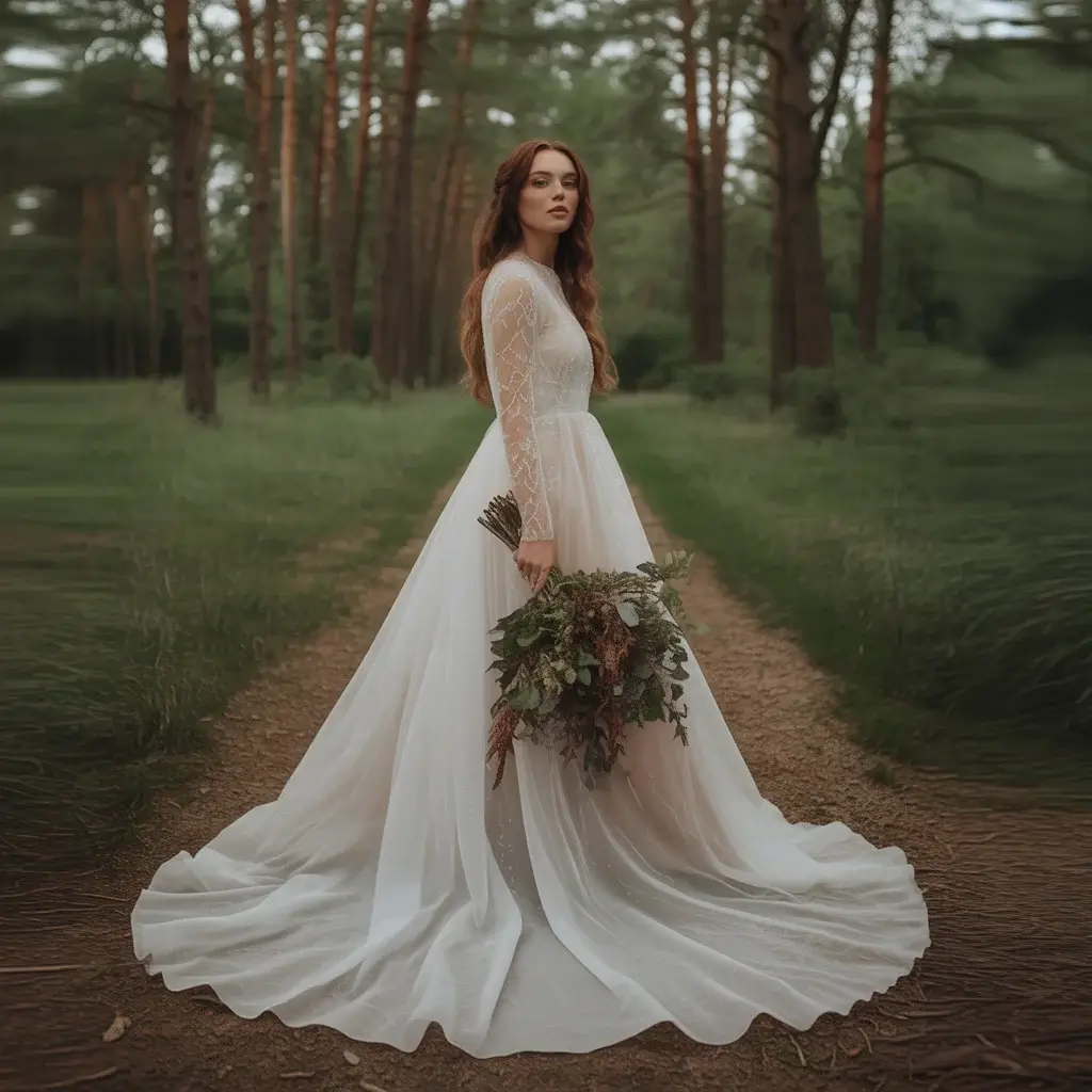 Ethereal Organza Woodland Wedding Dress With Translucent Layers And Mystical Forest Spirit Beauty